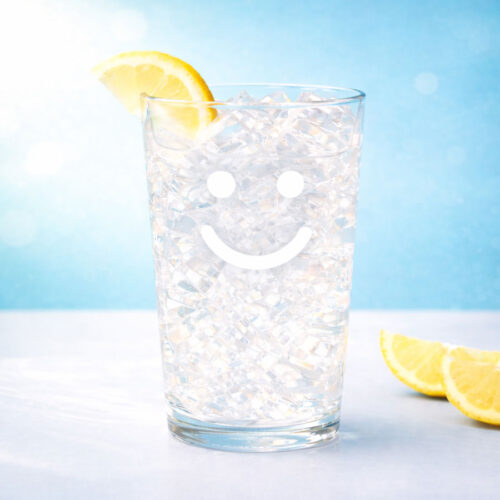Iced glass with white smile and lemon