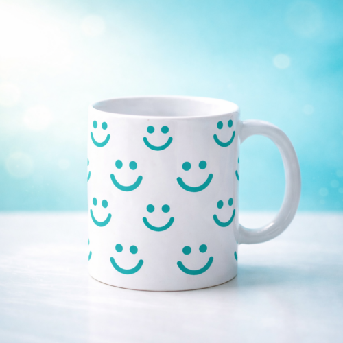White mug multiple smile - blue green
