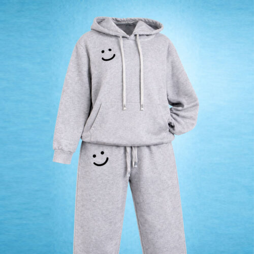 Grey hoodie set with black smile prints