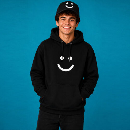 Black hoodie white logo with black hat and white logo