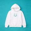 White children's hoodie with teal smiley print