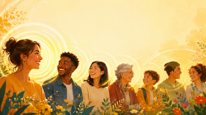 Diverse multigenerational group smiling in sunlight