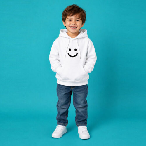 Children white hoodie with-black-logo-at-the-center