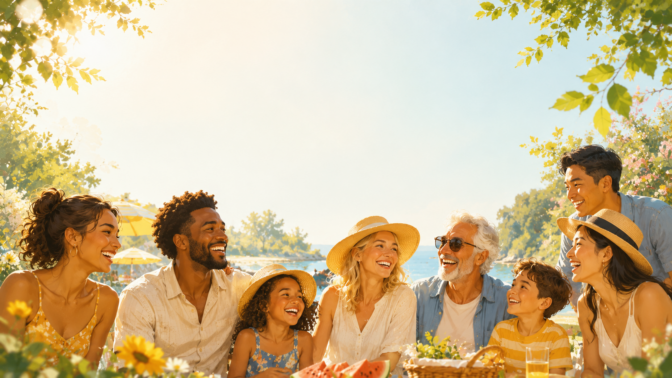 Multigenerational family enjoying sunny picnic outdoors